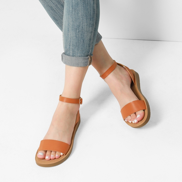 Ankle Strap Flat Buckle Sandals - TAN PU - 1
